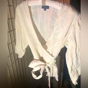 Blouse (M), attached wraparound, 80% cotton 20% Linen. Natural fibers